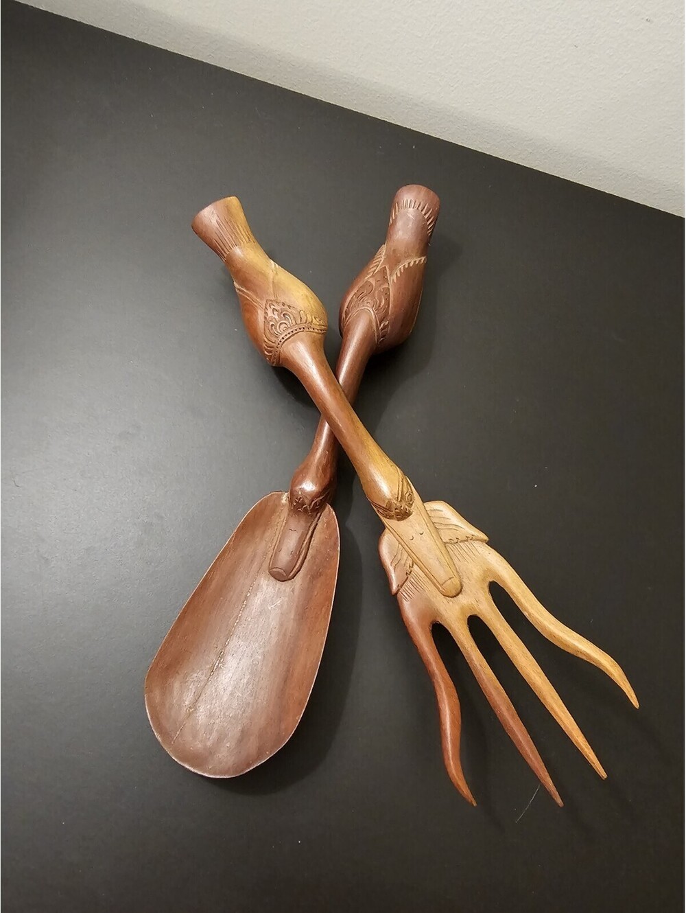 Vintage Carved Wood Salad Set Fork & Spoon Hardwood Duck/Goose